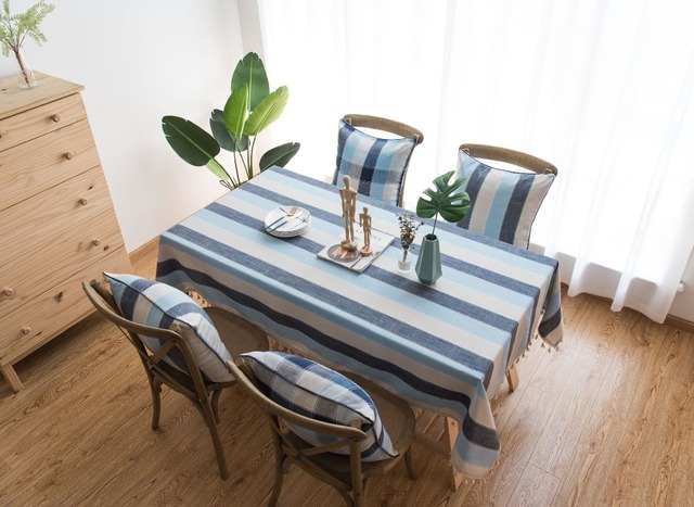 Obrus bawełniany lniany z niebieskimi paskami i frędzlami, prostokątny, do jadalni - niezbędnik na stół - Wianko - 9