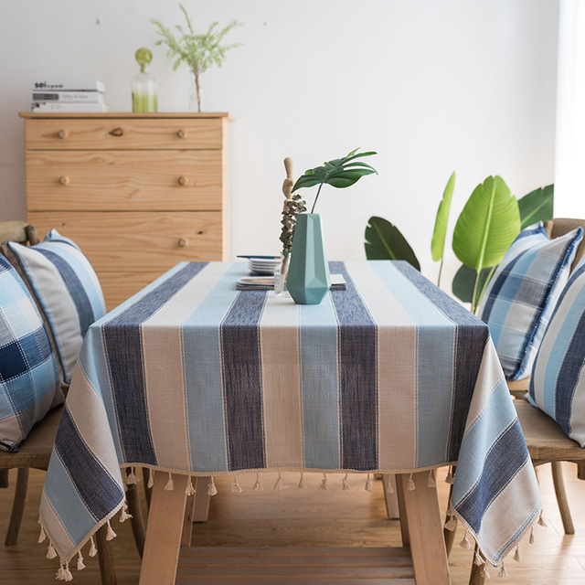 Obrus bawełniany lniany z niebieskimi paskami i frędzlami, prostokątny, do jadalni - niezbędnik na stół - Wianko - 10