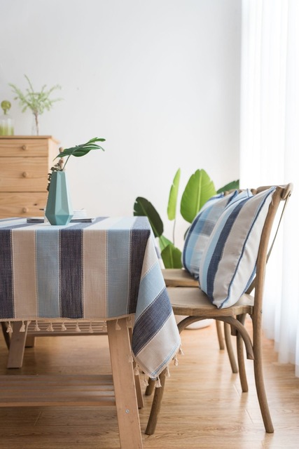 Obrus bawełniany lniany z niebieskimi paskami i frędzlami, prostokątny, do jadalni - niezbędnik na stół - Wianko - 15