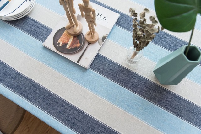 Obrus bawełniany lniany z niebieskimi paskami i frędzlami, prostokątny, do jadalni - niezbędnik na stół - Wianko - 16
