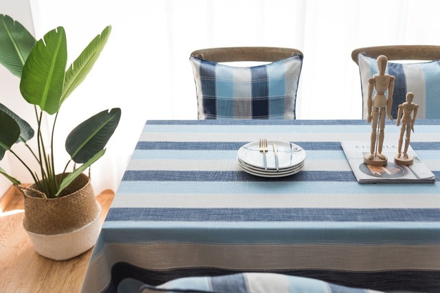 Obrus bawełniany lniany z niebieskimi paskami i frędzlami, prostokątny, do jadalni - niezbędnik na stół - Wianko - 13