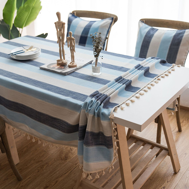 Obrus bawełniany lniany z niebieskimi paskami i frędzlami, prostokątny, do jadalni - niezbędnik na stół - Wianko - 12