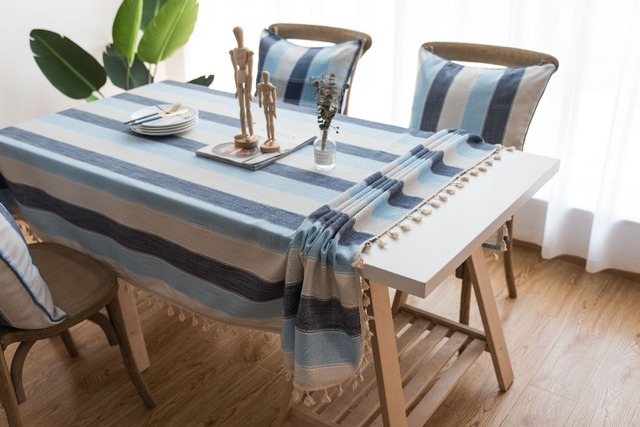 Obrus bawełniany lniany z niebieskimi paskami i frędzlami, prostokątny, do jadalni - niezbędnik na stół - Wianko - 11