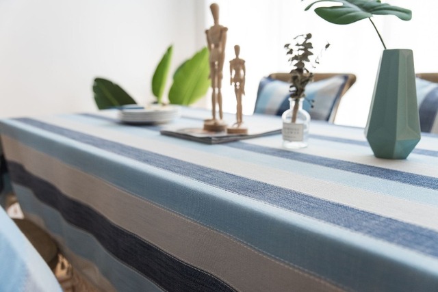 Obrus bawełniany lniany z niebieskimi paskami i frędzlami, prostokątny, do jadalni - niezbędnik na stół - Wianko - 14