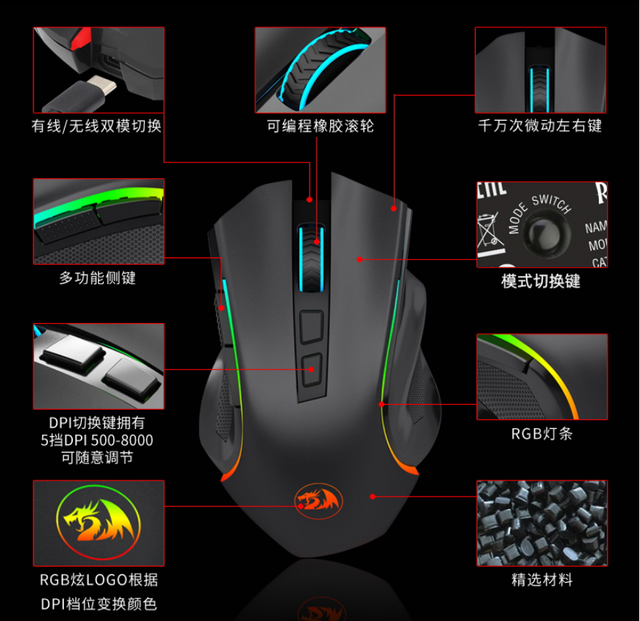 Bezprzewodowa mysz do gier Redragon M602KS z podświetleniem LED RGB, 8 programowalnymi przyciskami i nagrywaniem makr - Wianko - 2