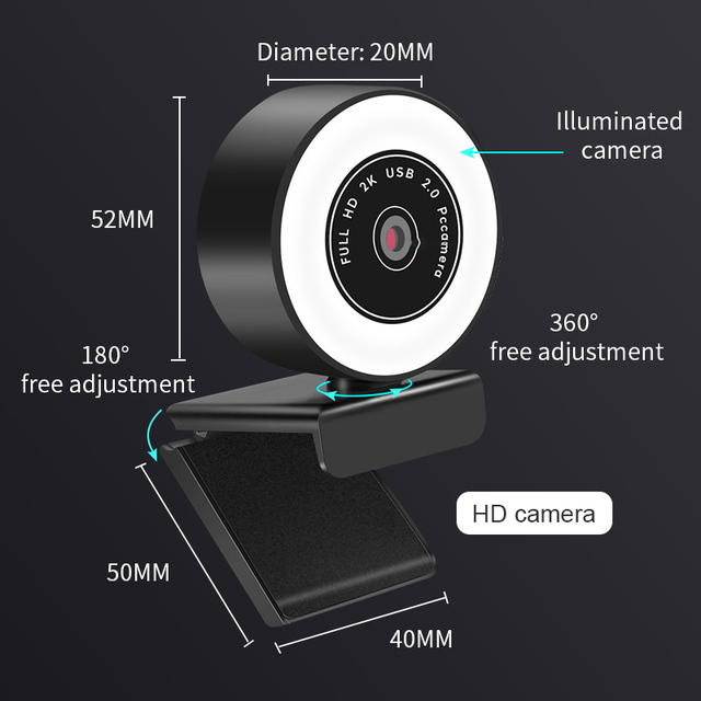 Kamera internetowa 1080P 2K z automatycznym ustawianiem ostrości, wypełnieniem światłem i mikrofonem LED - idealna do Youtube Liv - Wianko - 4