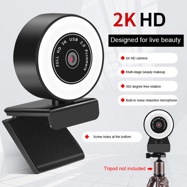 Kamera internetowa 1080P 2K z automatycznym ustawianiem ostrości, wypełnieniem światłem i mikrofonem LED - idealna do Youtube Liv - Wianko - 1