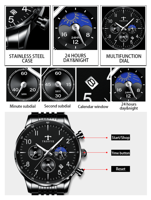 Męski zegarek kwarcowy TRSOYE 668, 24-godzinny wyświetlacz, stoper, wodoodporny 30M - Wianko - 3