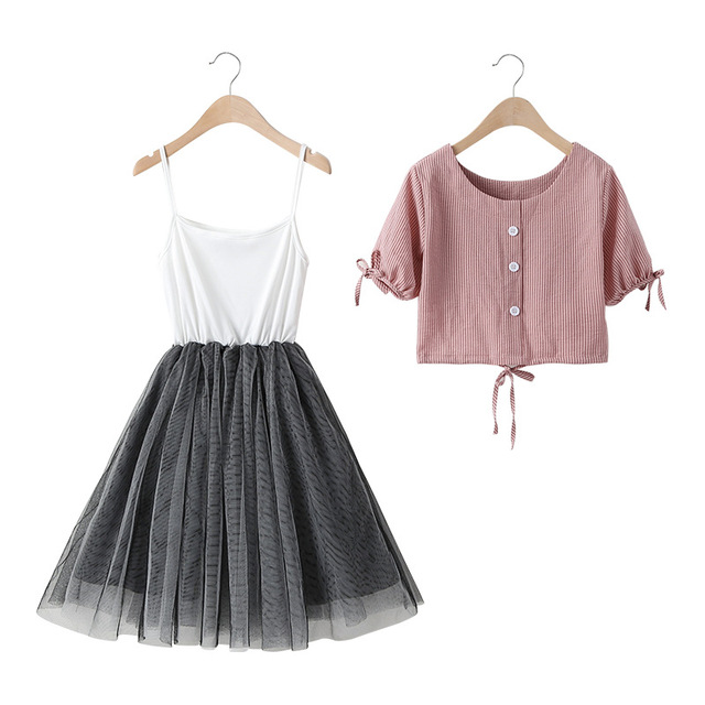 Letnia młodzieżowa odzież dziewczęca - solidna koszula + Sling strój koronkowy, 2 sztuki, dress4-16Yrs - Wianko - 12