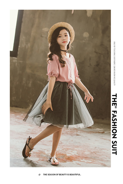 Letnia młodzieżowa odzież dziewczęca - solidna koszula + Sling strój koronkowy, 2 sztuki, dress4-16Yrs - Wianko - 9
