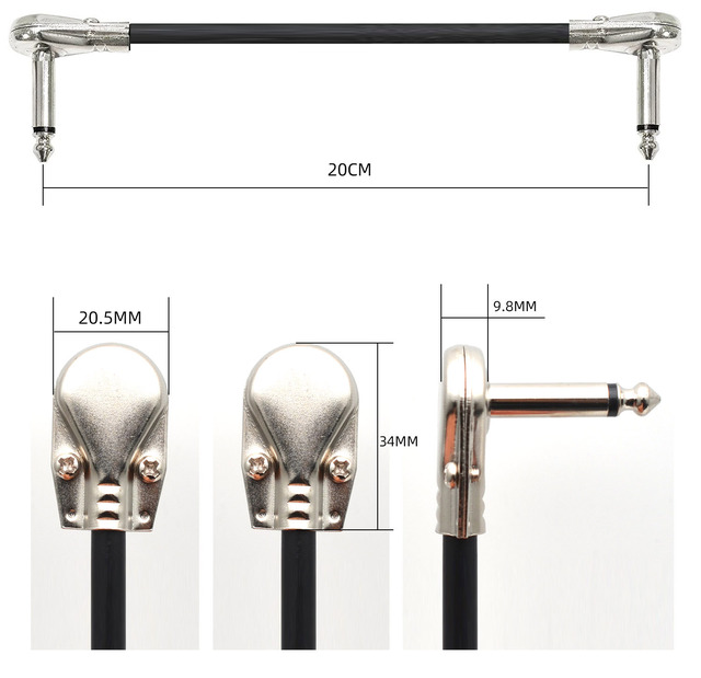 Kątowy kabel Patch gitara - zestaw 5 sztuk, długość 20 cm, 1/4 Mono Pancake Instrument kable do pedałów efektów - Wianko - 1