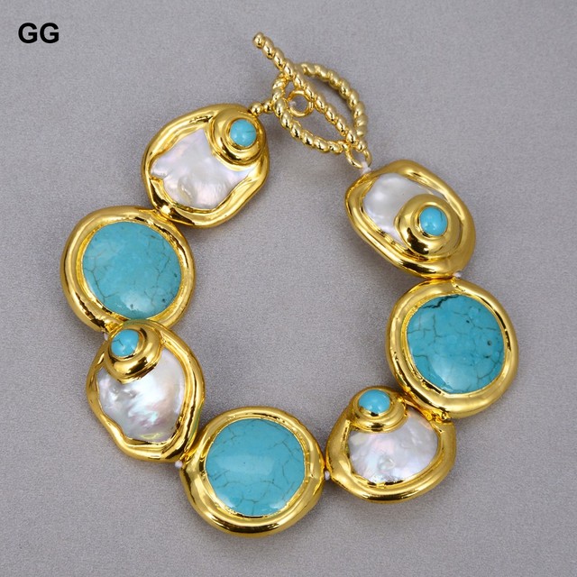 Zestaw biżuterii GuaiGuai z naturalnymi hodowlanymi barokowymi monetami perłą, złotym kolorowym platerowaniem i niebieskimi turkusami dla kobiet - Wianko - 5