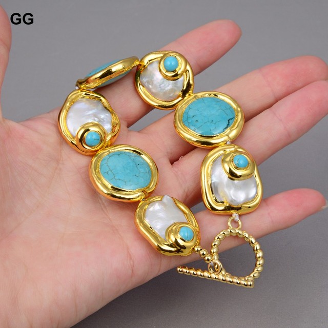 Zestaw biżuterii GuaiGuai z naturalnymi hodowlanymi barokowymi monetami perłą, złotym kolorowym platerowaniem i niebieskimi turkusami dla kobiet - Wianko - 6