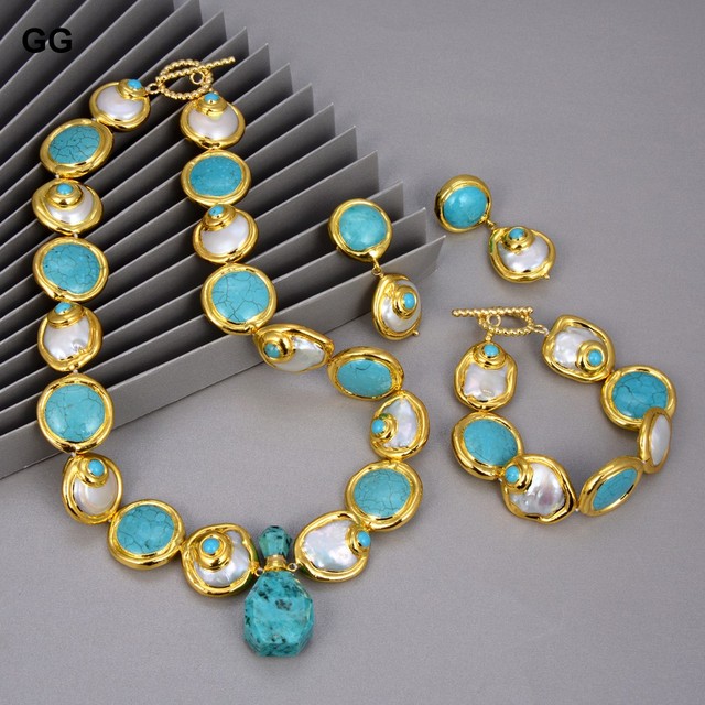 Zestaw biżuterii GuaiGuai z naturalnymi hodowlanymi barokowymi monetami perłą, złotym kolorowym platerowaniem i niebieskimi turkusami dla kobiet - Wianko - 1