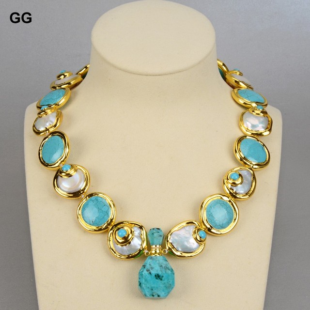 Zestaw biżuterii GuaiGuai z naturalnymi hodowlanymi barokowymi monetami perłą, złotym kolorowym platerowaniem i niebieskimi turkusami dla kobiet - Wianko - 2