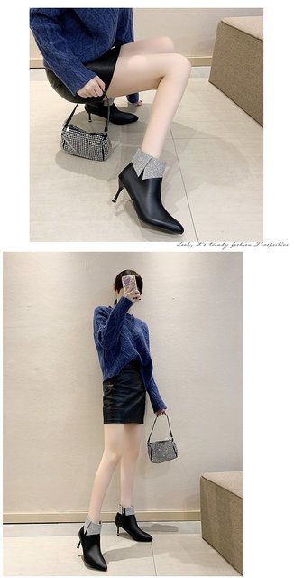 Zimowe damskie buty do kostki - modne, duże rozmiary, nowe, ostro zakończone, na wysokim obcasie, krótkie, pluszowe, ocieplane - Wianko - 11