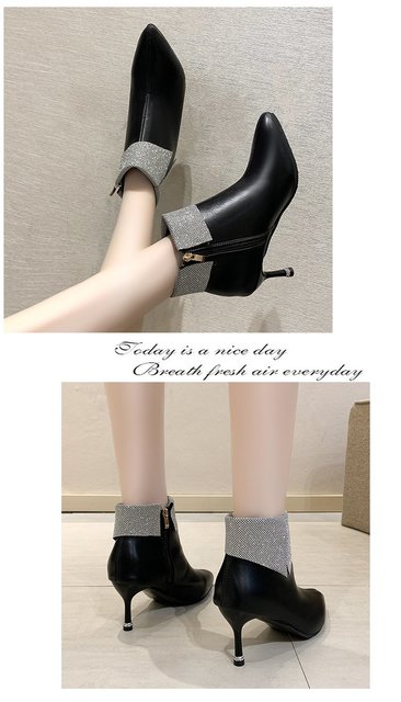 Zimowe damskie buty do kostki - modne, duże rozmiary, nowe, ostro zakończone, na wysokim obcasie, krótkie, pluszowe, ocieplane - Wianko - 10