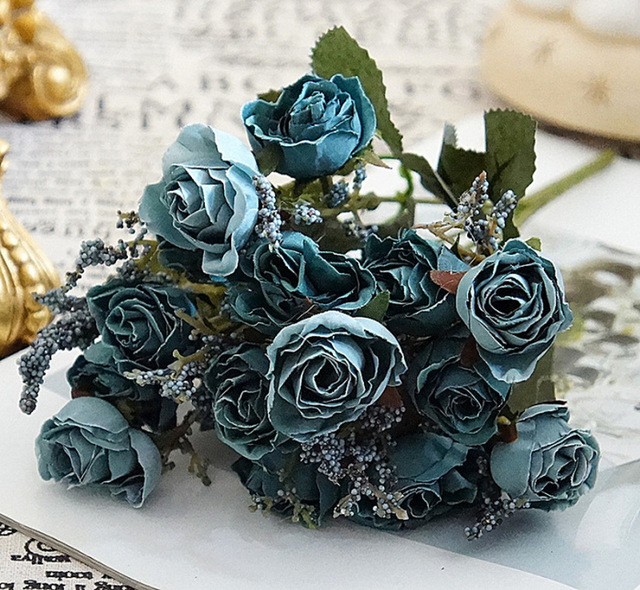 Bukiet 15 sztuk różowych i niebieskich sztucznych kwiatów w dekoracji ślubnej i na imprezy - Wianko - 1