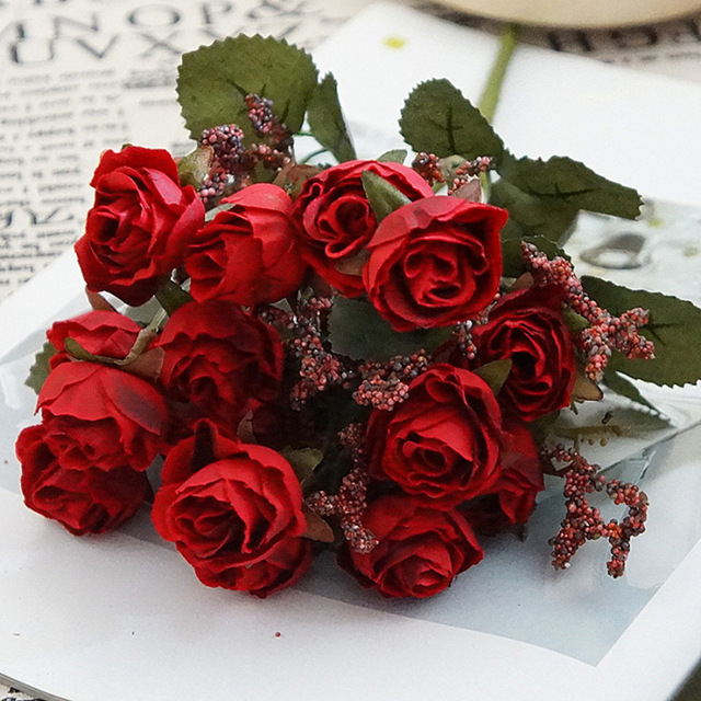 Bukiet 15 sztuk różowych i niebieskich sztucznych kwiatów w dekoracji ślubnej i na imprezy - Wianko - 5