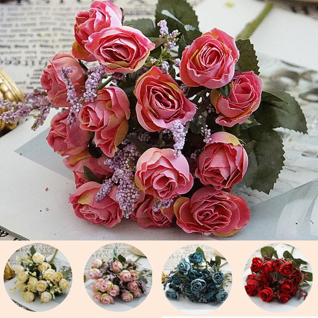 Bukiet 15 sztuk różowych i niebieskich sztucznych kwiatów w dekoracji ślubnej i na imprezy - Wianko - 10