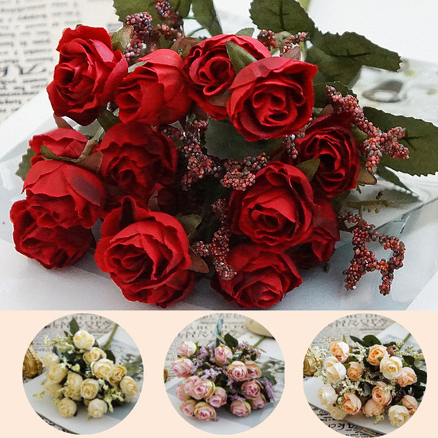 Bukiet 15 sztuk różowych i niebieskich sztucznych kwiatów w dekoracji ślubnej i na imprezy - Wianko - 7