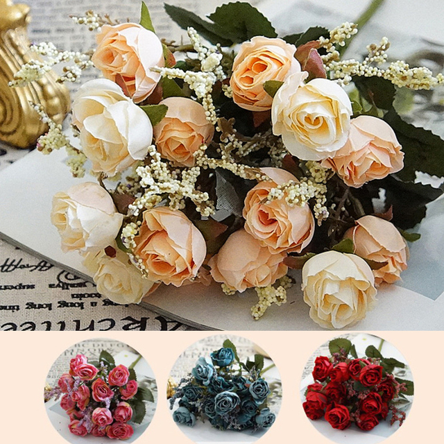 Bukiet 15 sztuk różowych i niebieskich sztucznych kwiatów w dekoracji ślubnej i na imprezy - Wianko - 9