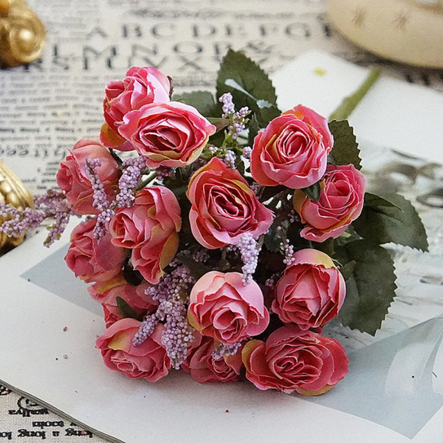 Bukiet 15 sztuk różowych i niebieskich sztucznych kwiatów w dekoracji ślubnej i na imprezy - Wianko - 2