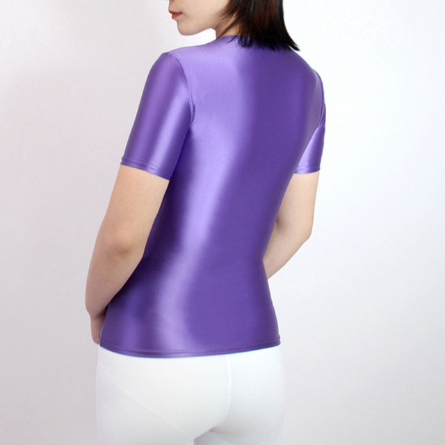 Koszulka sportowa z krótkim rękawem, błyszcząca i gładka, solidna i elastyczna, idealna do jogi dla kobiet - Wianko - 4