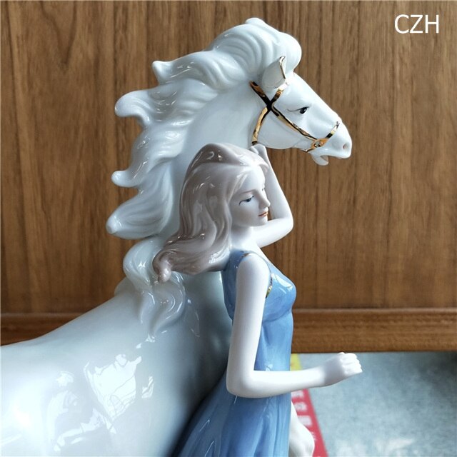 Antyczna porcelana księżniczka rzeźba biała statuetka konia - ozdoba do domu, rękodzieło, prezent dla córki - Wianko - 3