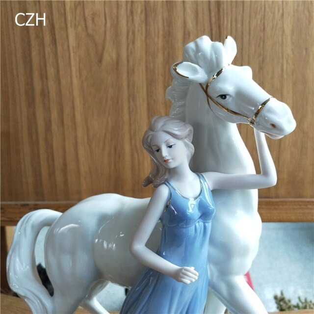 Antyczna porcelana księżniczka rzeźba biała statuetka konia - ozdoba do domu, rękodzieło, prezent dla córki - Wianko - 2