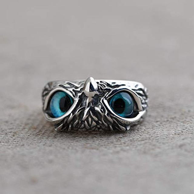 Vintage regulowany pierścień ze srebrem i miedzią w kształcie demonicznych oczu sowy - biżuteria retro dla miłośniczek zwierząt - Wianko - 6