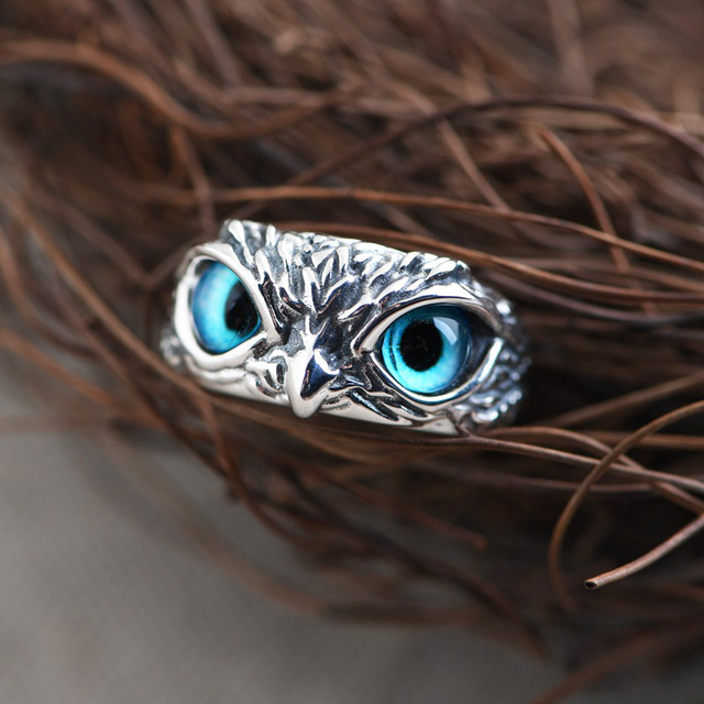 Vintage regulowany pierścień ze srebrem i miedzią w kształcie demonicznych oczu sowy - biżuteria retro dla miłośniczek zwierząt - Wianko - 2