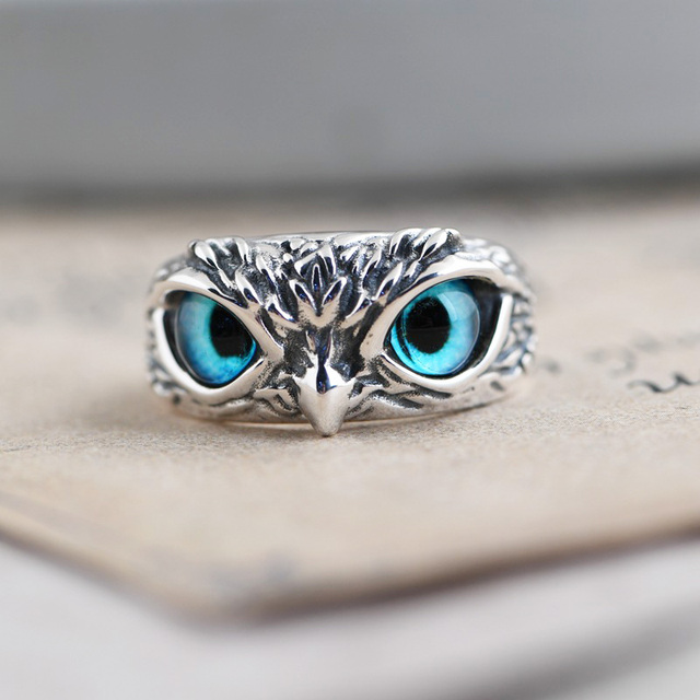 Vintage regulowany pierścień ze srebrem i miedzią w kształcie demonicznych oczu sowy - biżuteria retro dla miłośniczek zwierząt - Wianko - 1