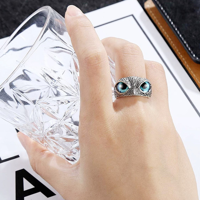 Vintage regulowany pierścień ze srebrem i miedzią w kształcie demonicznych oczu sowy - biżuteria retro dla miłośniczek zwierząt - Wianko - 4