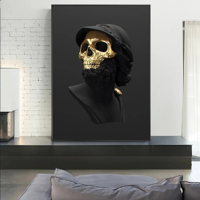 Malarstwo nowoczesne na płótnie - czarno-złota czaszka - Wianko - 6