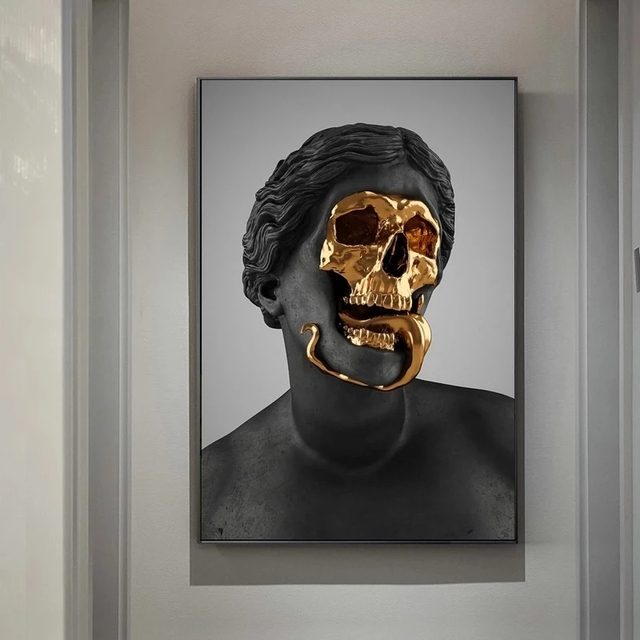 Malarstwo nowoczesne na płótnie - czarno-złota czaszka - Wianko - 5