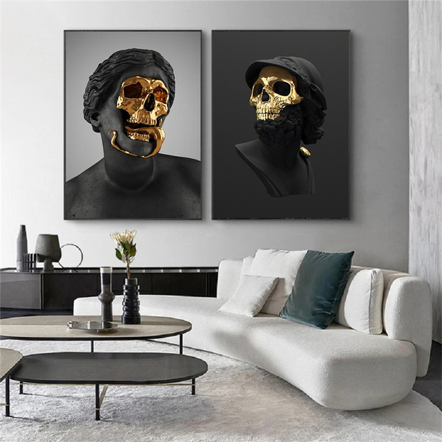 Malarstwo nowoczesne na płótnie - czarno-złota czaszka - Wianko - 3