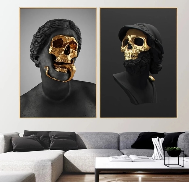 Malarstwo nowoczesne na płótnie - czarno-złota czaszka - Wianko - 4