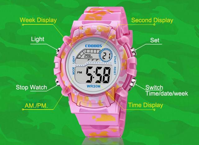 Chłopcy i dziewczęta, najlepszy prezent cyfrowy - różowy zegarek o kamuflażowym wzorze, niebieski sportowy, wodoodporny, z kalendarzem - Wianko - 2