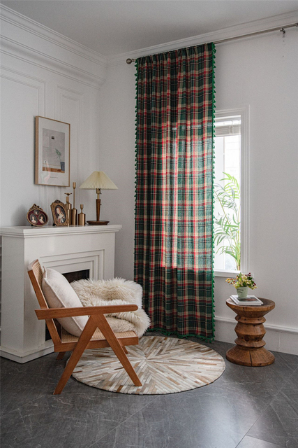 Zasłony dekoracyjne zielone w kratę z bawełny z frędzlami, pręt wiszący, semi-blackout, do kuchni i okna domowego - Wianko - 6