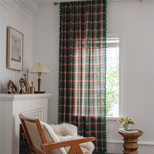 Zasłony dekoracyjne zielone w kratę z bawełny z frędzlami, pręt wiszący, semi-blackout, do kuchni i okna domowego - Wianko - 7