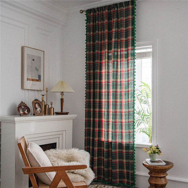 Zasłony dekoracyjne zielone w kratę z bawełny z frędzlami, pręt wiszący, semi-blackout, do kuchni i okna domowego - Wianko - 5