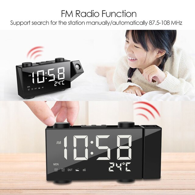 Budzik cyfrowy FM z projekcją na 6-calowym ekranie, regulacją jasności, termometrem i zasilaniem USB - Wianko - 5