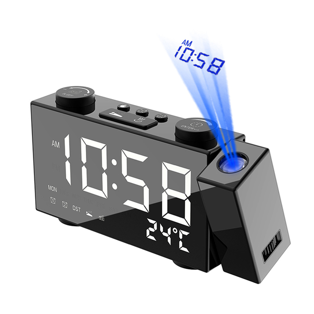 Budzik cyfrowy FM z projekcją na 6-calowym ekranie, regulacją jasności, termometrem i zasilaniem USB - Wianko - 16