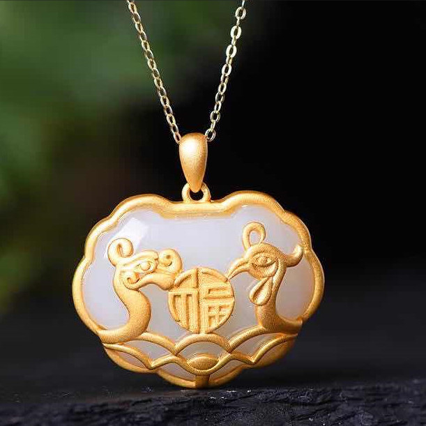 Złote wisiorki Hetian Jade srebrem inkrustowane, smok i feniks symbolizujący dobrobyt oraz długie życie - Wianko - 3