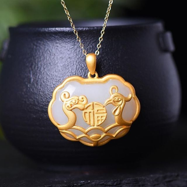Złote wisiorki Hetian Jade srebrem inkrustowane, smok i feniks symbolizujący dobrobyt oraz długie życie - Wianko - 10