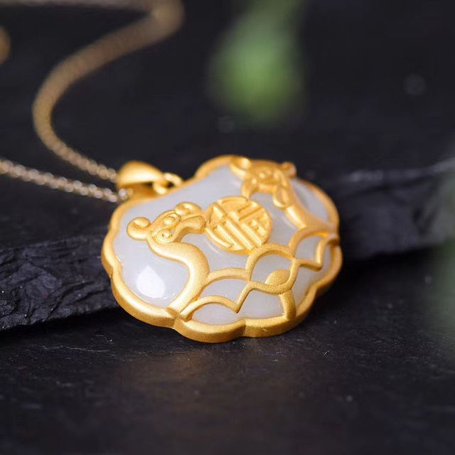 Złote wisiorki Hetian Jade srebrem inkrustowane, smok i feniks symbolizujący dobrobyt oraz długie życie - Wianko - 12