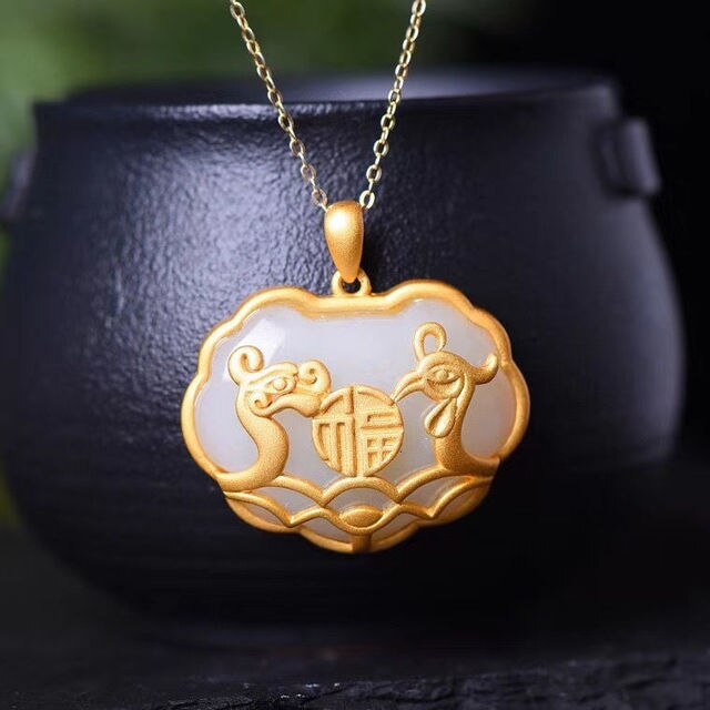 Złote wisiorki Hetian Jade srebrem inkrustowane, smok i feniks symbolizujący dobrobyt oraz długie życie - Wianko - 1