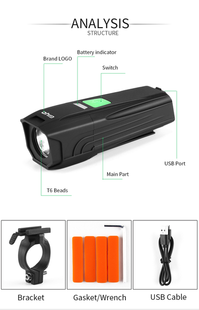 GIYO LR-Y7 T6 - Wodoodporna latarka rowerowa z przodu z kierownicą USB - Wianko - 4