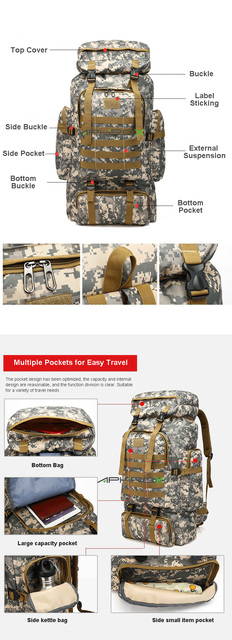 Plecak wojskowy kamuflaż 80L z wodoodpornym elastycznym materiałem - Wianko - 4